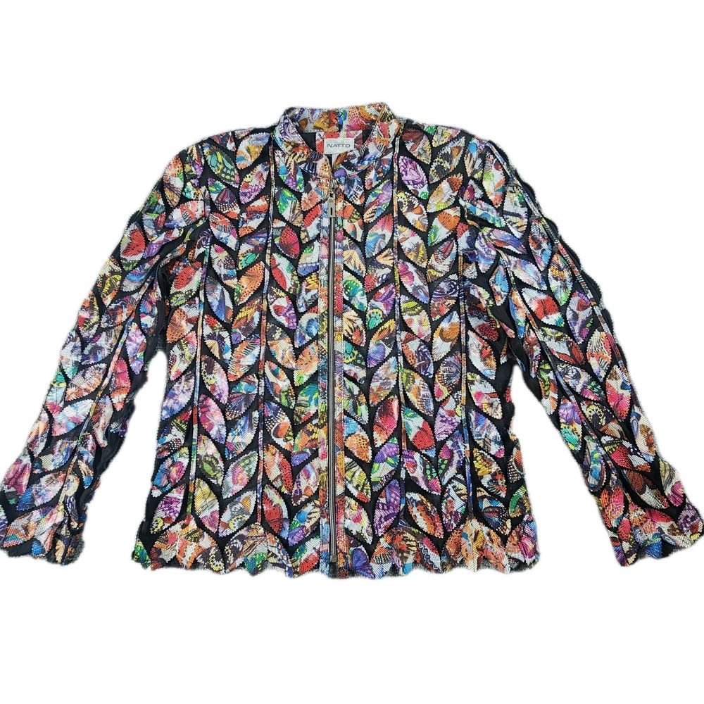 Natto L Women's Lamb Leather Mesh Jacket Avant Garde Art to Wear 3D Leaf Moto‎